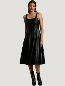 Avec Les Filles Faux-Ever Leather Fit-and-Flare Midi Dress